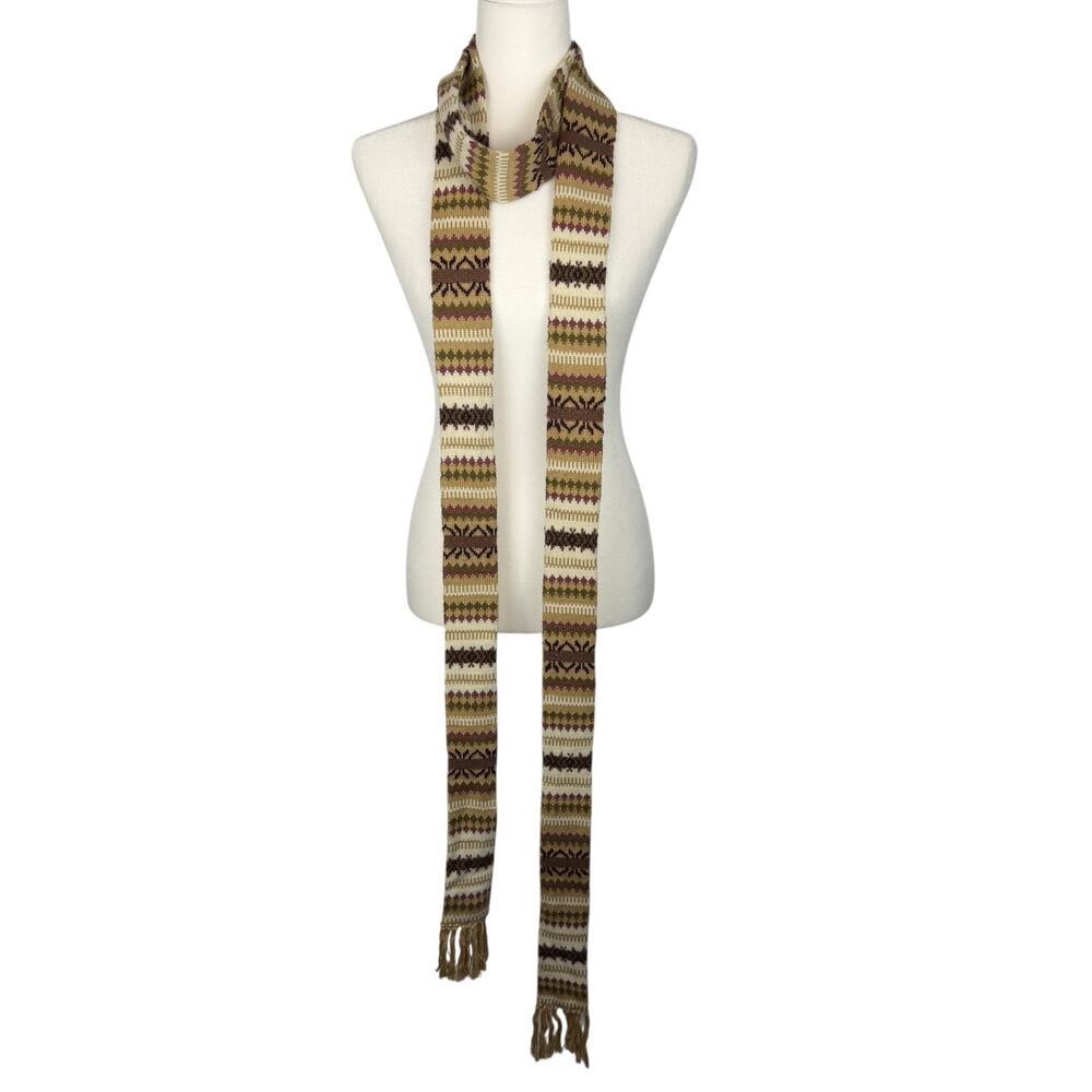 GAP Vintage Y2K Very Long Knit Scarf 118x2.5 Brown Fair Isle Fringe '03 Friends